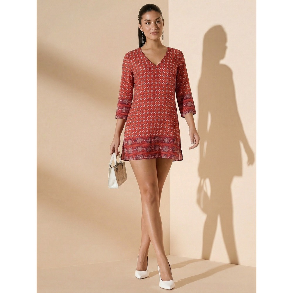 Old Navy Red Geometric Floral V-Neck Shift Mini Dress XS Boho 3/4 Sleeve